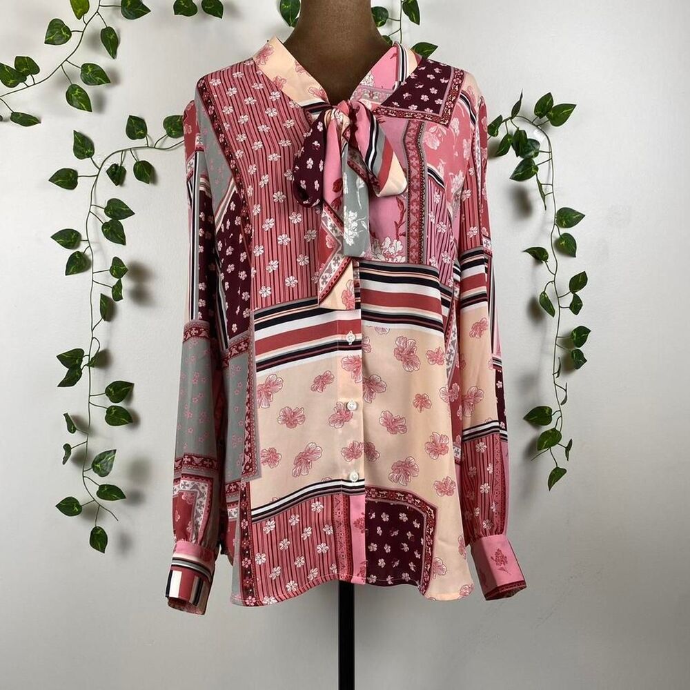 M Talbots patchwork pussybow blouse business woman artsy long sleeve button up
